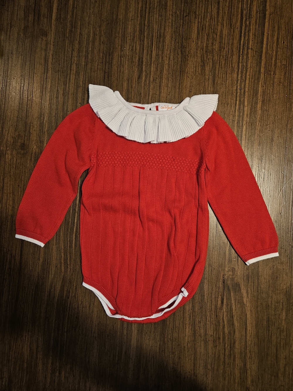 Cat & Jack Red Knit Romper with White Ruffle Collar